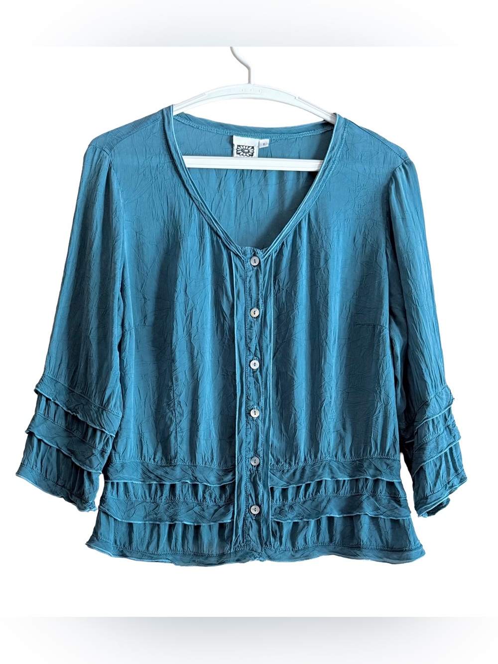 Vintage Johnny Was Rayon Ruffle Blouse Crinkle
Gauze Teal Blue Woman's L
